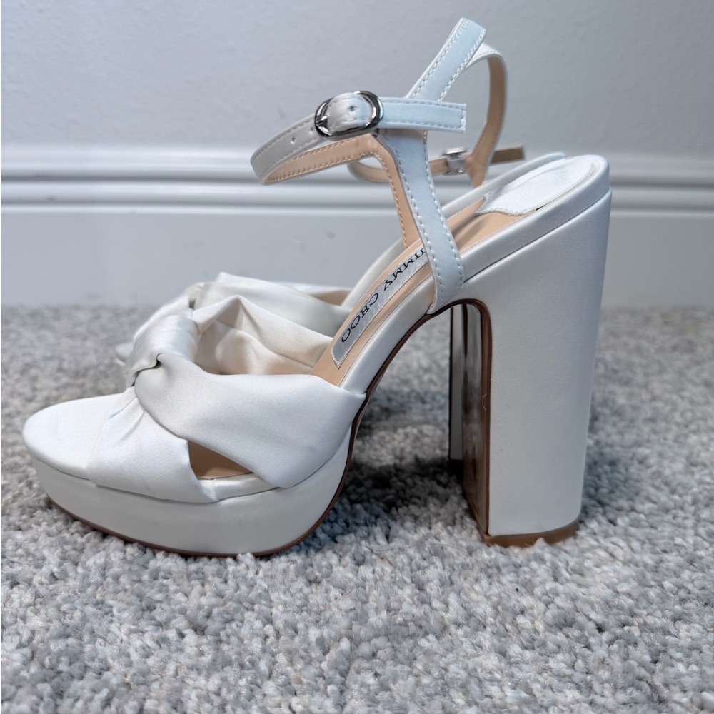Jimmy Choo Heloise 120 White Bow Platform Heels Size 37 Bridal Wedding